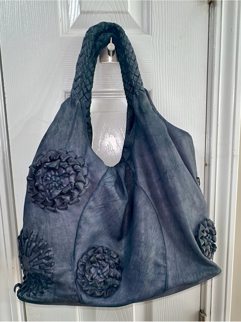 Falorni Italia leather Braided Handle Floral Appliqué Hobo  washed blue. (Bag20)